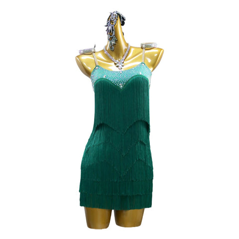 Women girls dark green fringe competition Latin Dance Dress salsa rumba chacha jive latin dancing Clothing Blackpool outfits