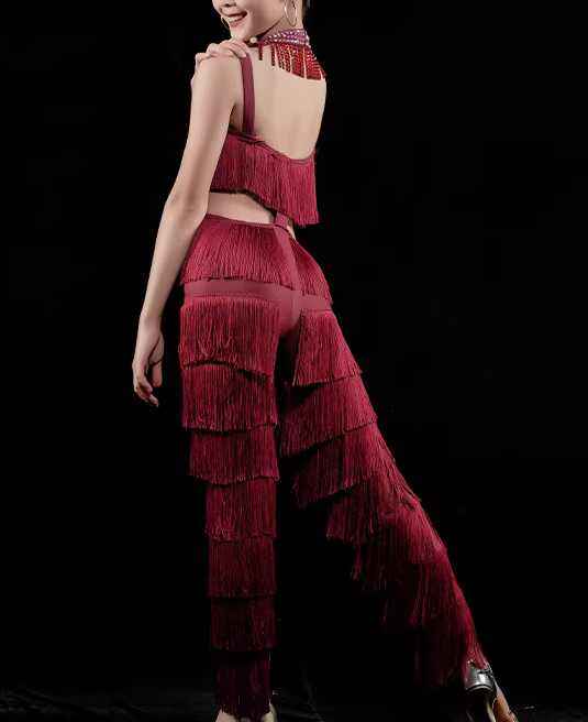Custom Size Girls Latin Dance Dress for Girls Kids Wine Fringe Competition Jumpsuits