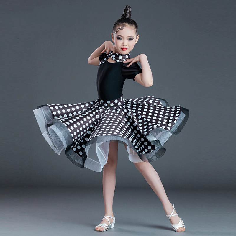 Girls Latin Dance Dresses Kids Black Pink Polka Dot  Ballroom Salsa Latin Costumes for Teen Competition Performance
