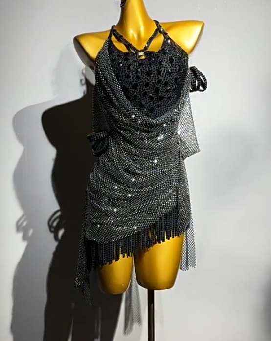 Custom Size Black Latin Dance Dresses Bling Salsa Latin Rumba Ball Comeptition Dance Costumes for Women