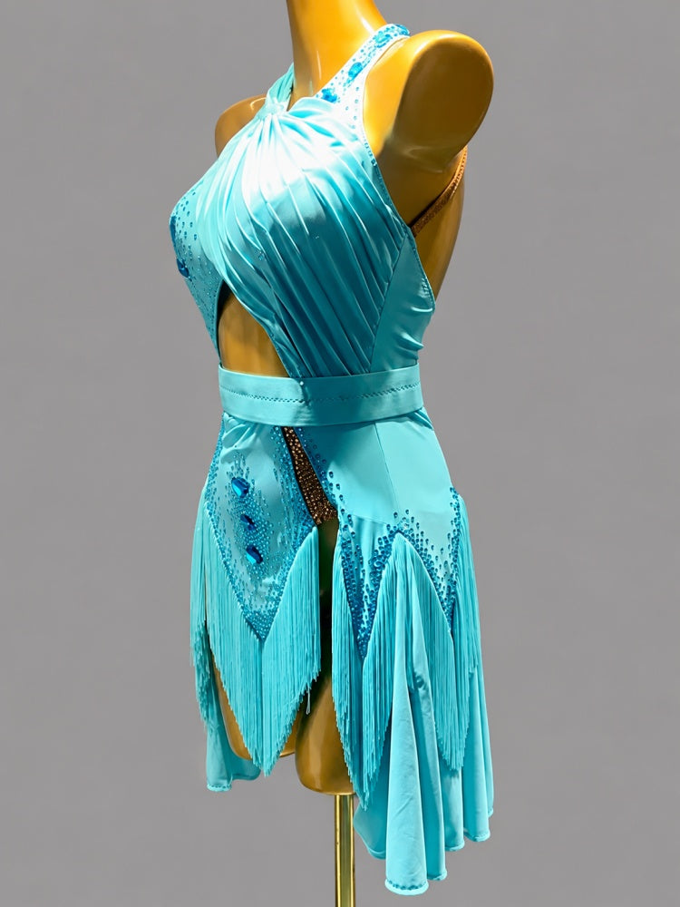 Custom Competition Aqua Blue Latin Dance Dress with Crystals & Fringe