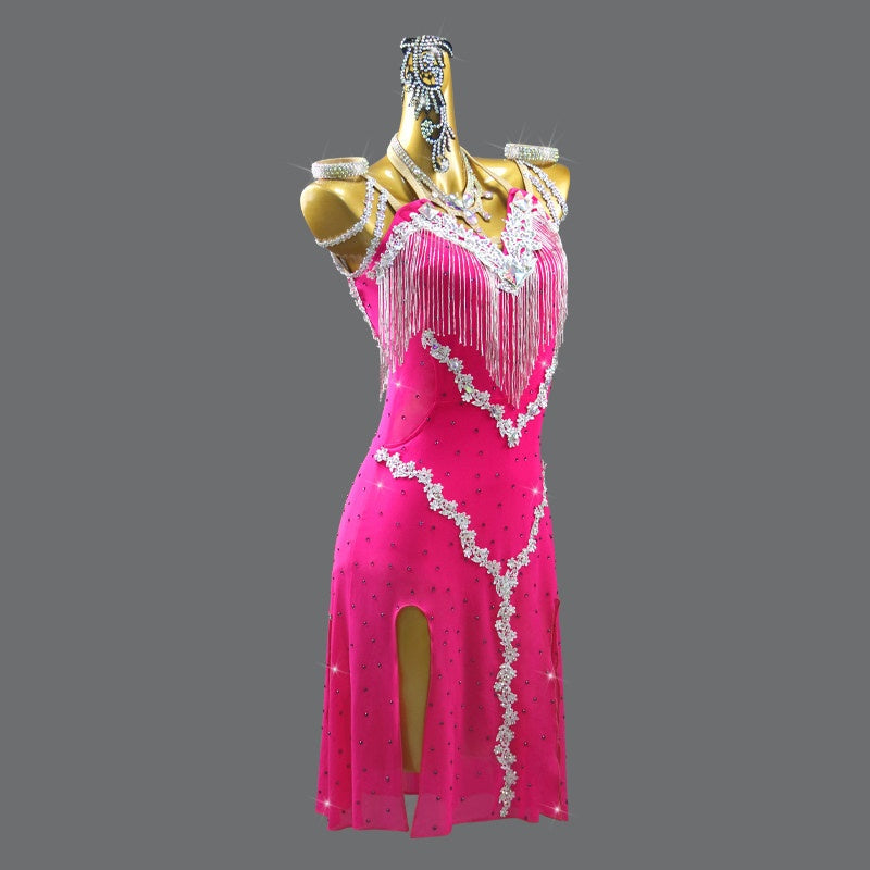 Custom Size Hot Pink Latin Dance Competition Dress with Silver Lace Appliques Fringe
