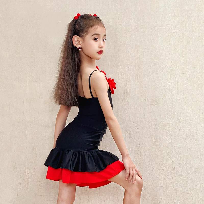 Girls Latin Dance Dress Black Red 3D Rose Slant Neck Kids Salsa Chacha  Performance Costume