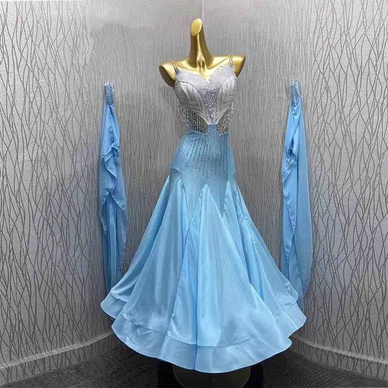 Custom Size Women's Blue Ballroom Dance Dress Rhinestones Competition Smooth Long Gown