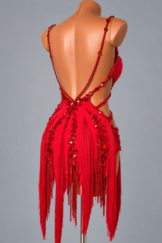 Custom Red Crystal Competition Latin Dress Cutout Salsa Samba Dancewear