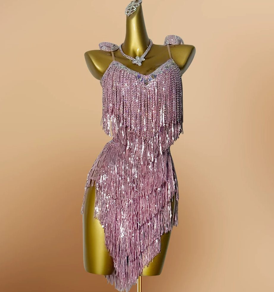 Custom Blue & Purple Sequin Latin Dance Dress Rhinestone Salsa Gown