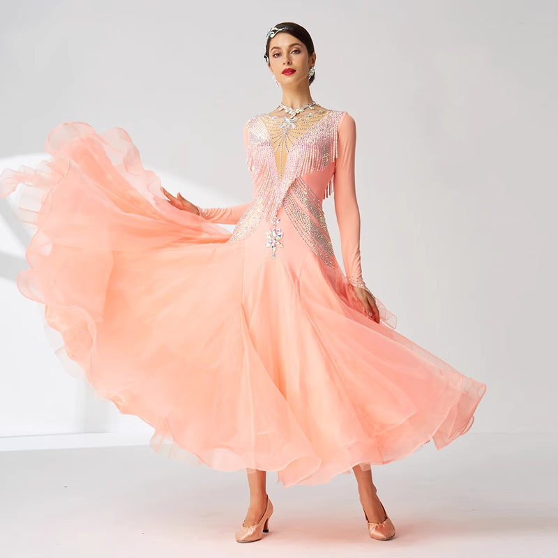 Custom Size Orange Pink Competition Ballroom Dance Dresses for Women Girls Crystal Waltz Tango Rhythm Performance Long Skirts - Moderndancedress.com