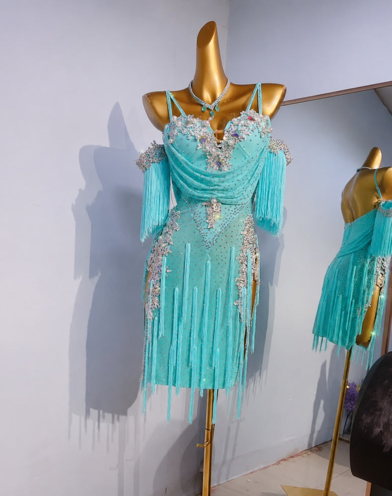 Custom Light Pink Latin Competition Dress with Draped Bodice & Rhinestone Fringe