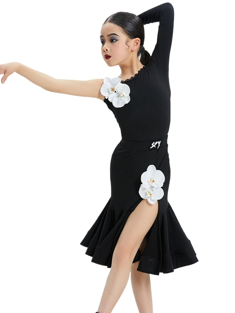 Black Slant Neck Girls Latin Dance Dresses White Flowers Salsa Latin Ballroom Dance Costumes for Kids