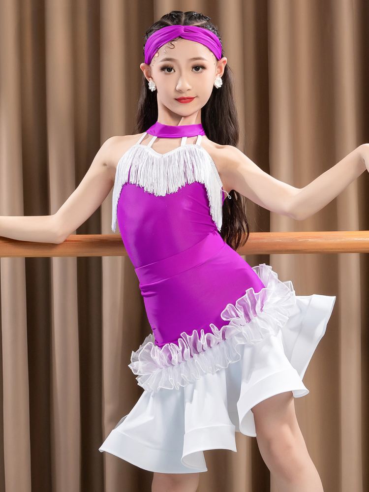 Violet ballroom Latin dance dresses for girls kids children ballroom salsa rumab cha cha practice fringe suit - Moderndancedress.com