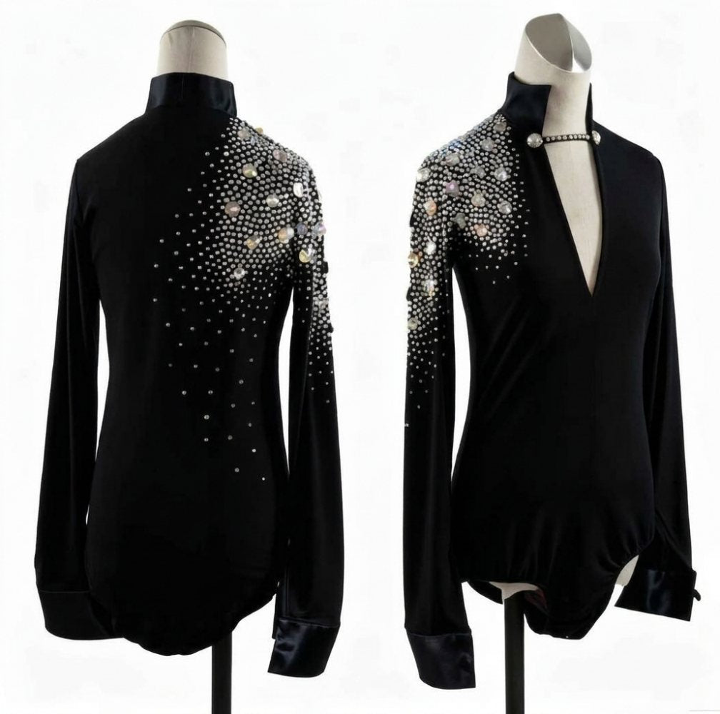 Custom Size Men's Latin Dance Shirts Pink Black Diamond Boys Professional Ballroom Waltz Tango Flamenco Chacha Dancing Body Shirt