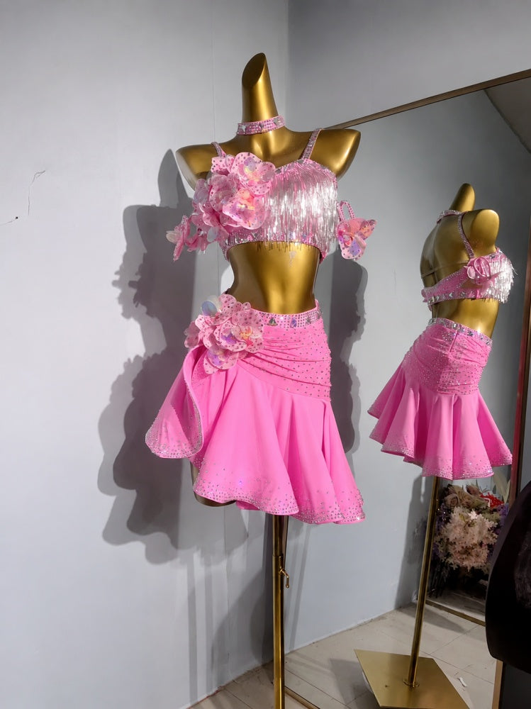 Custom Pink Two-Piece Competition Latin Dance Dress with 3D Flowers & Bling Fringe