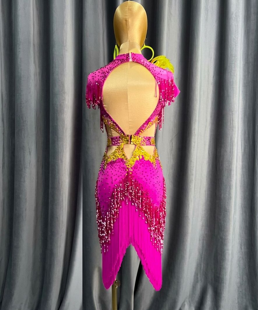 Custom Professional Pink & Gold Latin Competition Dress with Fringe & Crystals