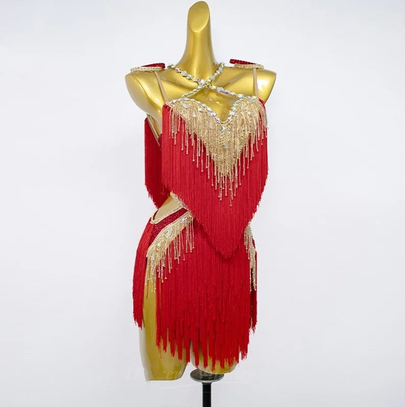 Custom Size Competition Black Gold Latin Dance Dresses Salsa Rumba Chacha Performance Costumes for Women