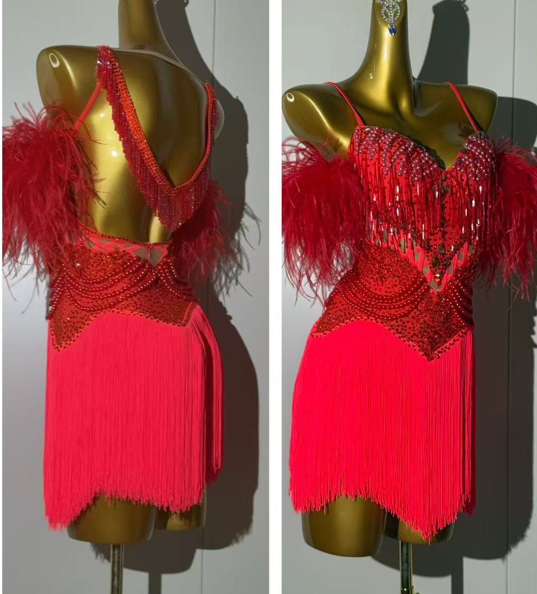 Custom Red Latin Dance Competition Dress  Feather & Fringe Salsa Gown
