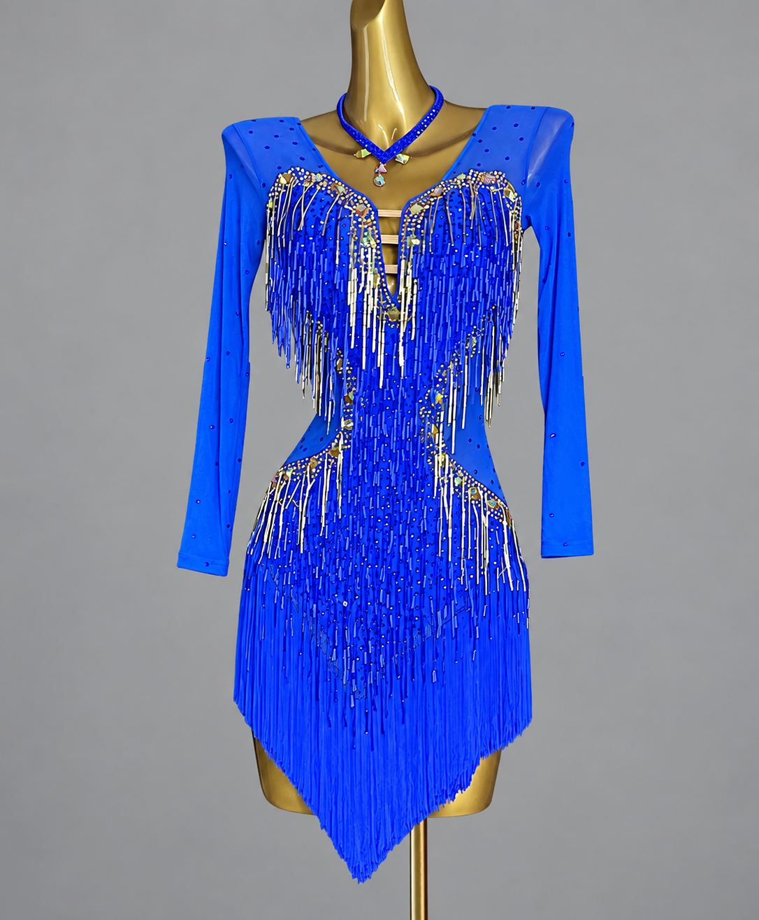 Custom Royal Blue Long Sleeve Latin Dance Dress with Gold Rhinestone Fringe