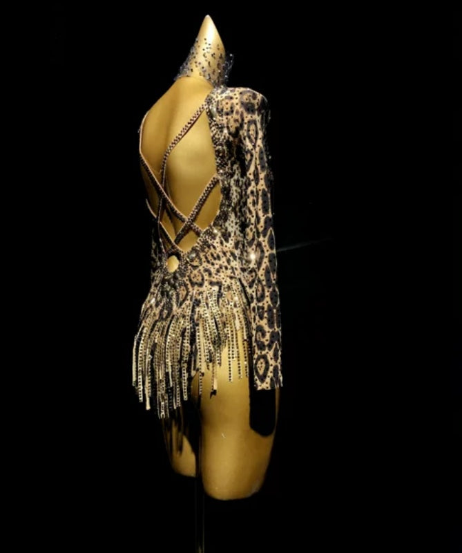 Custom Leopard Competition Latin Dance Dress Bling Rhinestones Blackpool Ball Dance Gown