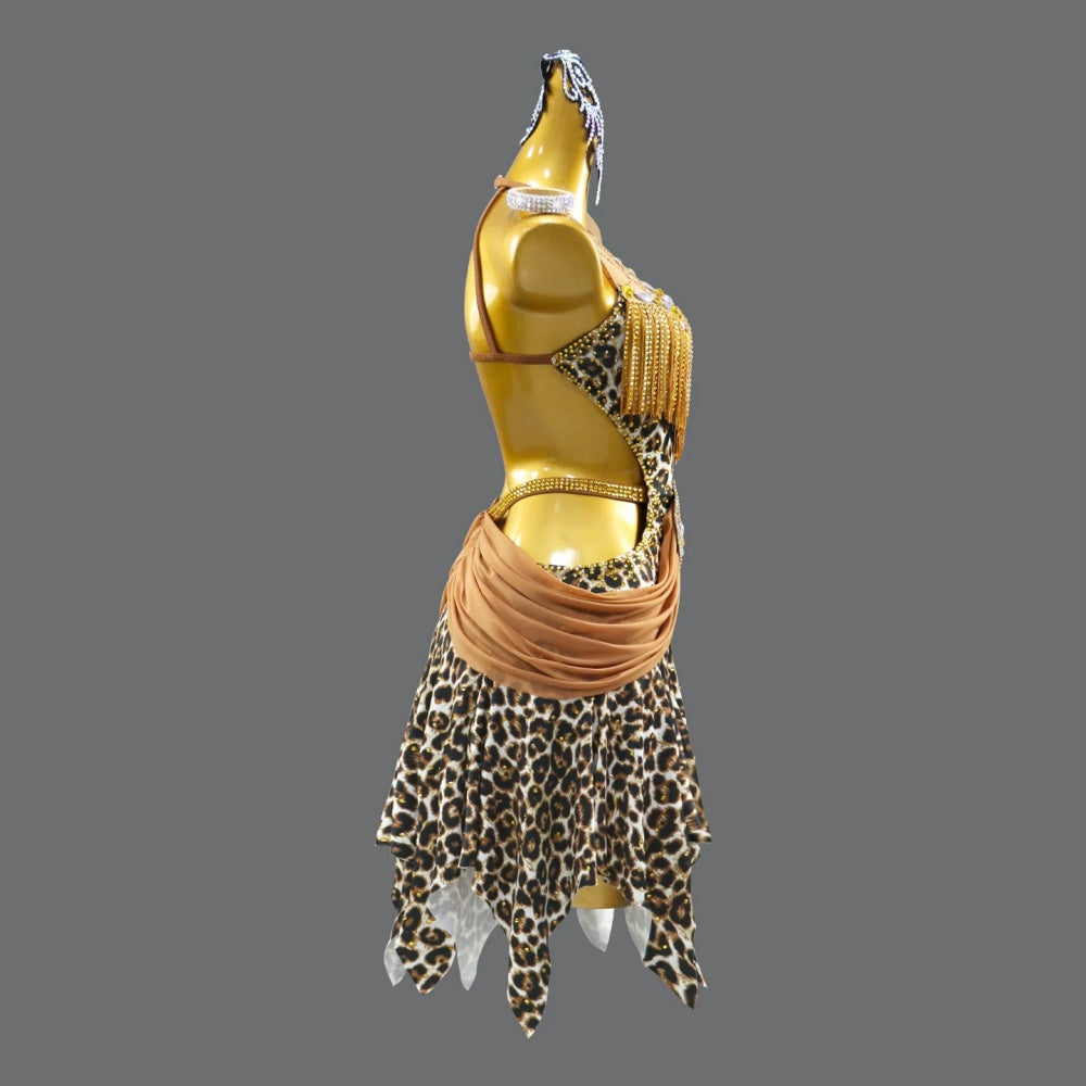 Custom Professional Leopard Latin Dance Competition Dress for Young Girls with Gold Fringe