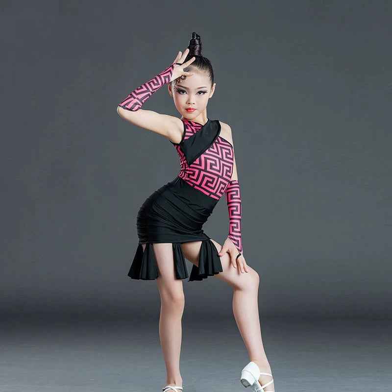 Girls Latin Dance Dress Fuchsia Plaid Fringe Slant Neck Salsa Chacha Dance Costume for Kids