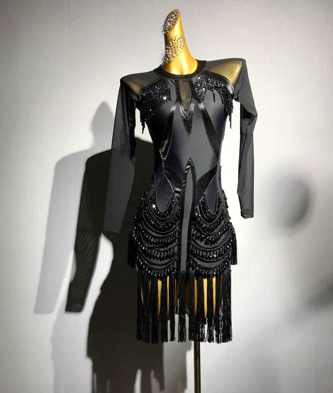 Custom Competition Black Latin Dance Dress Geometric Mesh & Rhinestone Fringe Costume