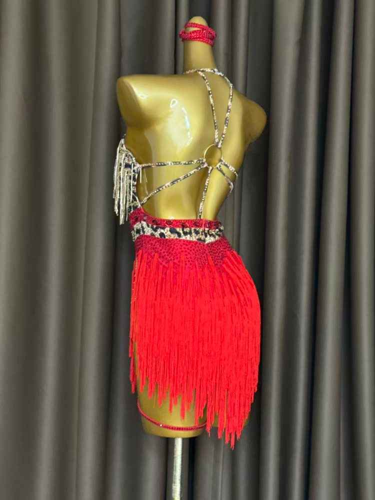 Custom Size Leopard Competition Crystal Latin Dance Dress with Red Tassel Skirt