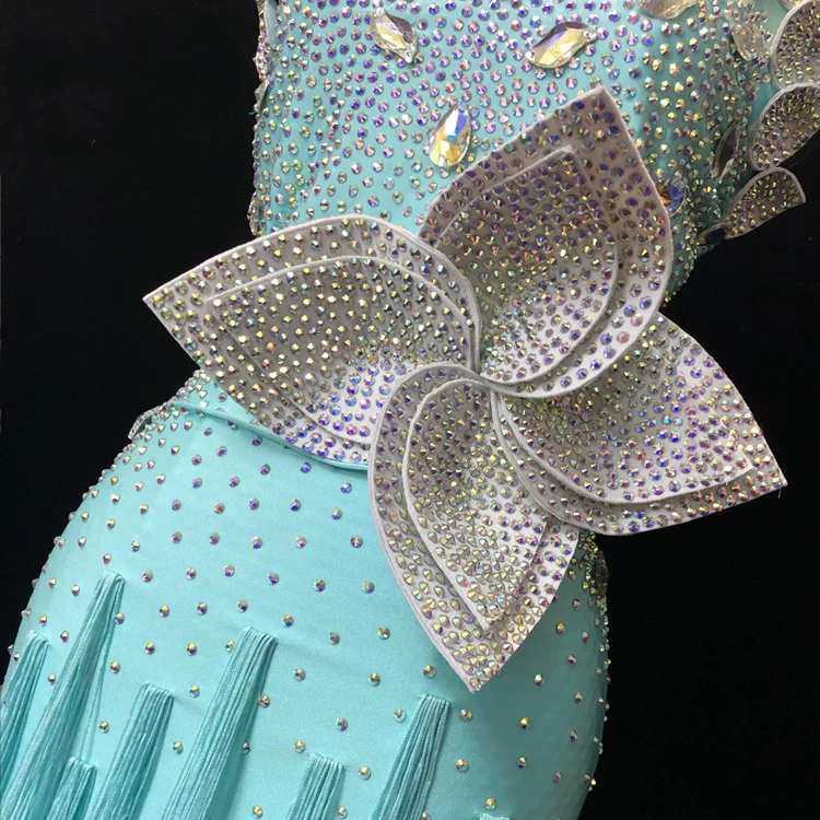 Custom Size Competition Mint Green Latin Dance Dress with Rhinestone Flower and Fringe