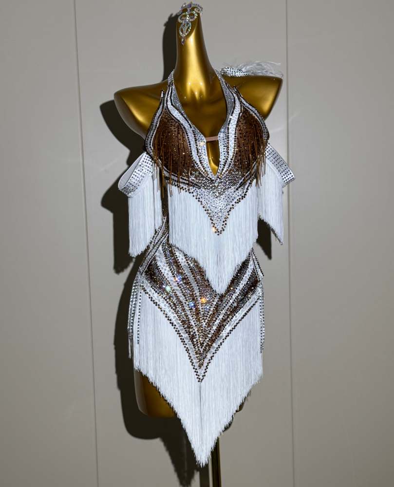 Custom Neon Yellow Latin Dance Dress with Gold Tassels & Crystals