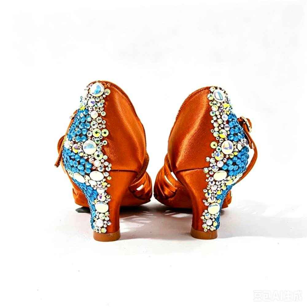 Women Bronze Latin Dance Shoes with Blue Crystals Soft Soles Salsa Rumba Chacha Sandals