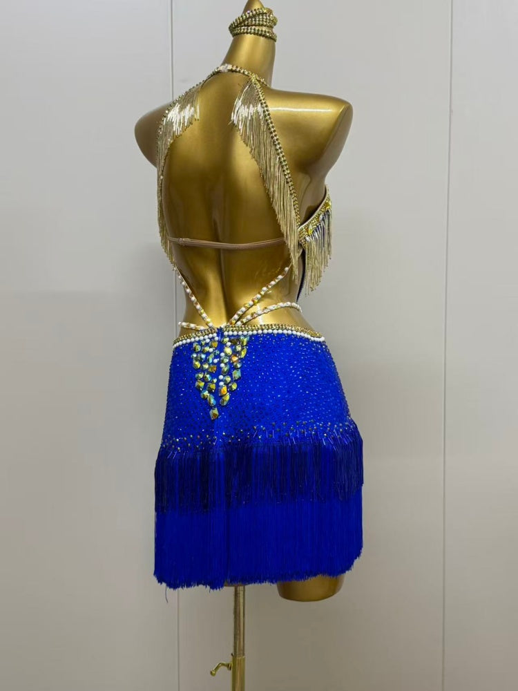 Custom Blue Orange Latin Dance Dress with Gold Fringe & Crystals