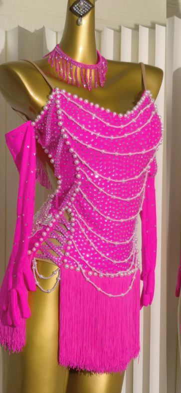 Custom Competition Green Latin Dance Dress with Fringe & Rhinestones Hot Pink Salsa Costume