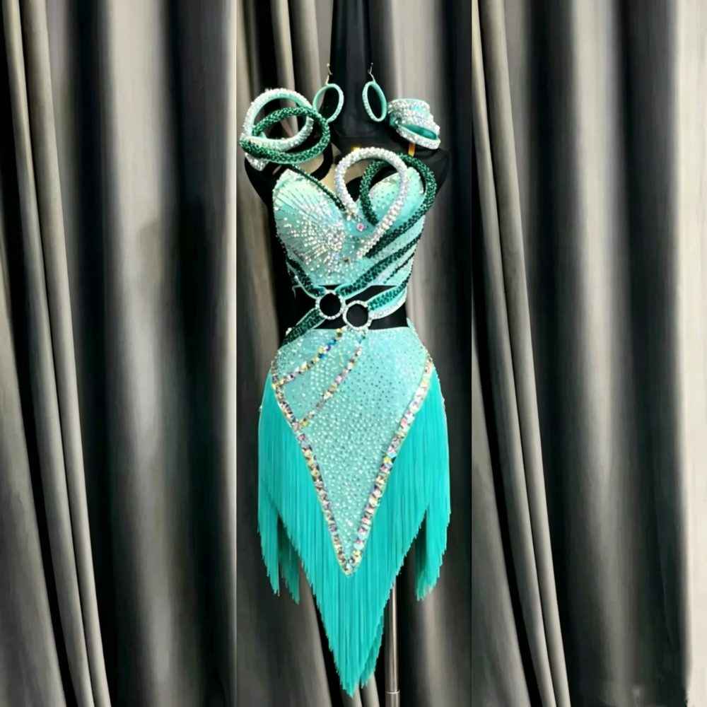 Custom Turquoise Custom Latin Dress Shiny Rhinestone Petal with Asymmetrical Fringe Skirt