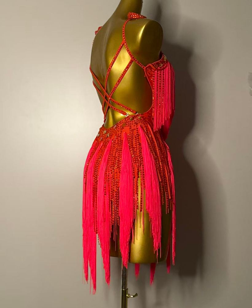 Custom Red Competition Latin Dance Dress V Neck Layered Fringe with Rhinestones