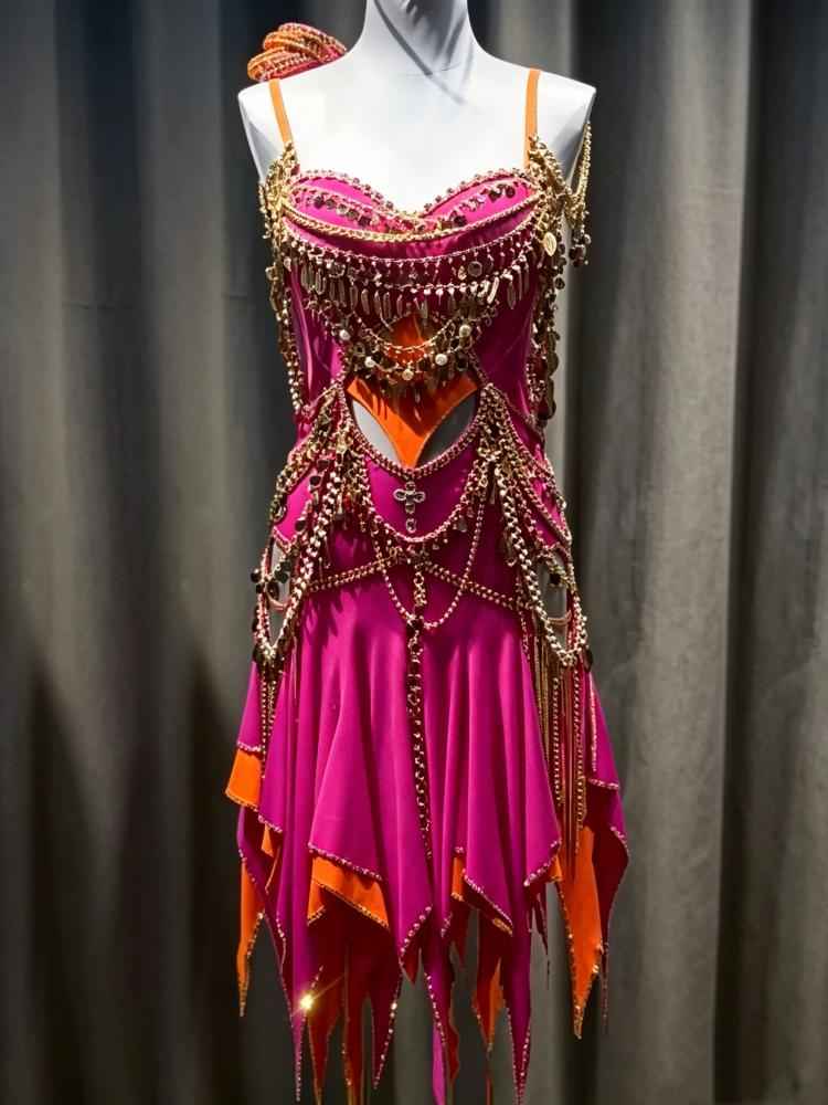 Custom Orange Gold Crystal Sparkling Latin Competition Dress Blackpool Salsa Dancewear