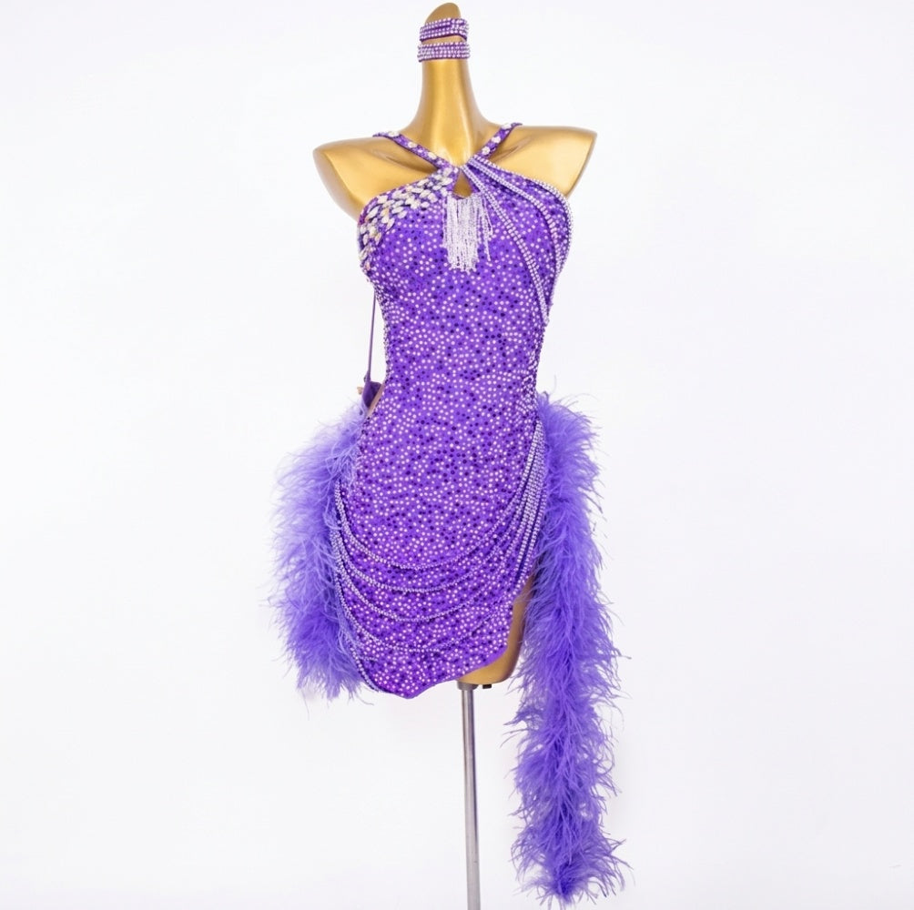 Custom Competition Feather Latin Dance Dress Royal Blue Red Fuchsia Pink Blackpool Salsa Samba Dance Clothes