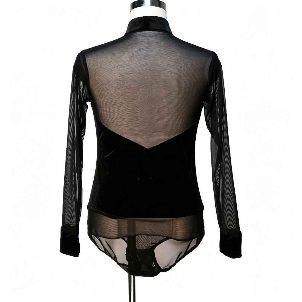 Custom Size Men's Latin Ballroom Shirt - Black Velvet Mesh Dance Bodysuit