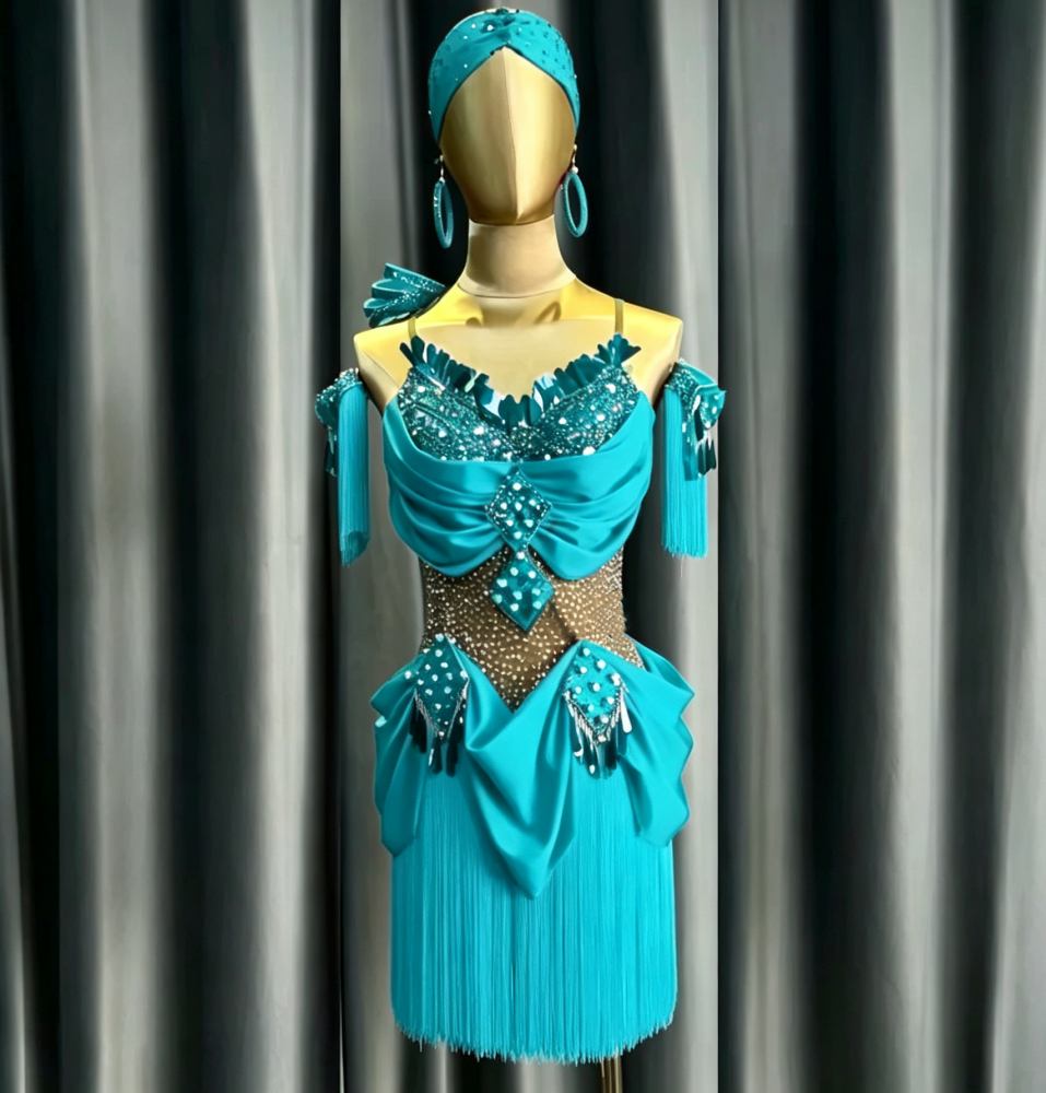 Custom Size Sparkly Turquoise Fringe Latin Dress Fuchsia Salsa & Rumba Dancewear