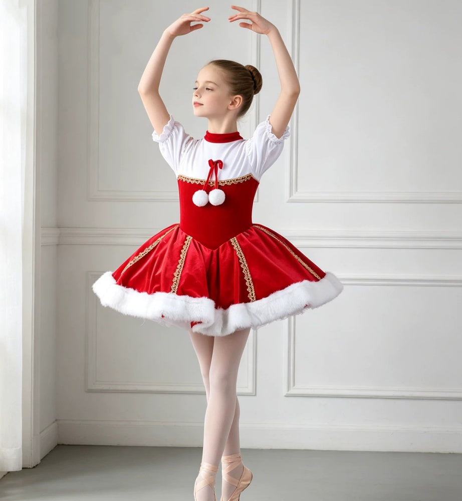 Girls Christmas Ballet Tutu Dress - Kids Nutcracker Performance Costume with Velvet & Fur Trim