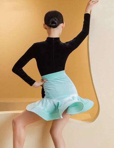 Green Black Velvet Latin Dance Dresses for Kids Girls Salsa Ballroom Latin Chacha  Art Test Performance Clothes for Children - Moderndancedress.com