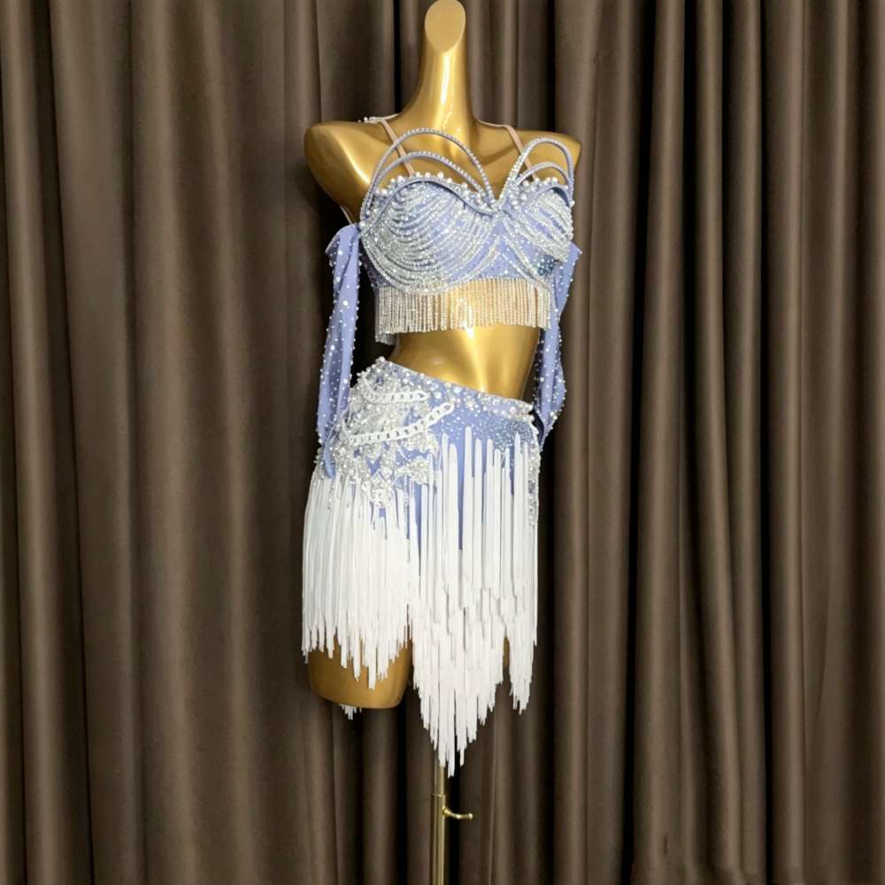 Custom Size Blue Fuchsia White Fringe Competition Latin Dance Dress Crystal Blackpool Dance Wear