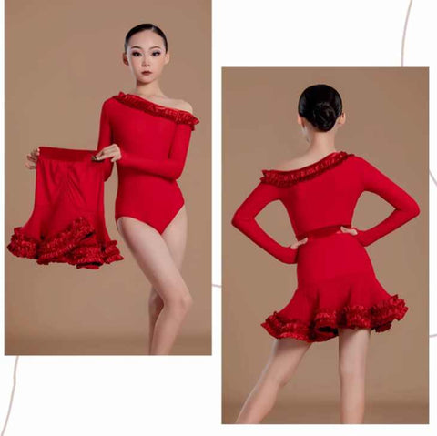 Girls Red Color Latin Dance Dresses Slant Neck Long Sleeeves Salsa Rumba Chacha Party Performance Costumes for Kids - Moderndancedress.com