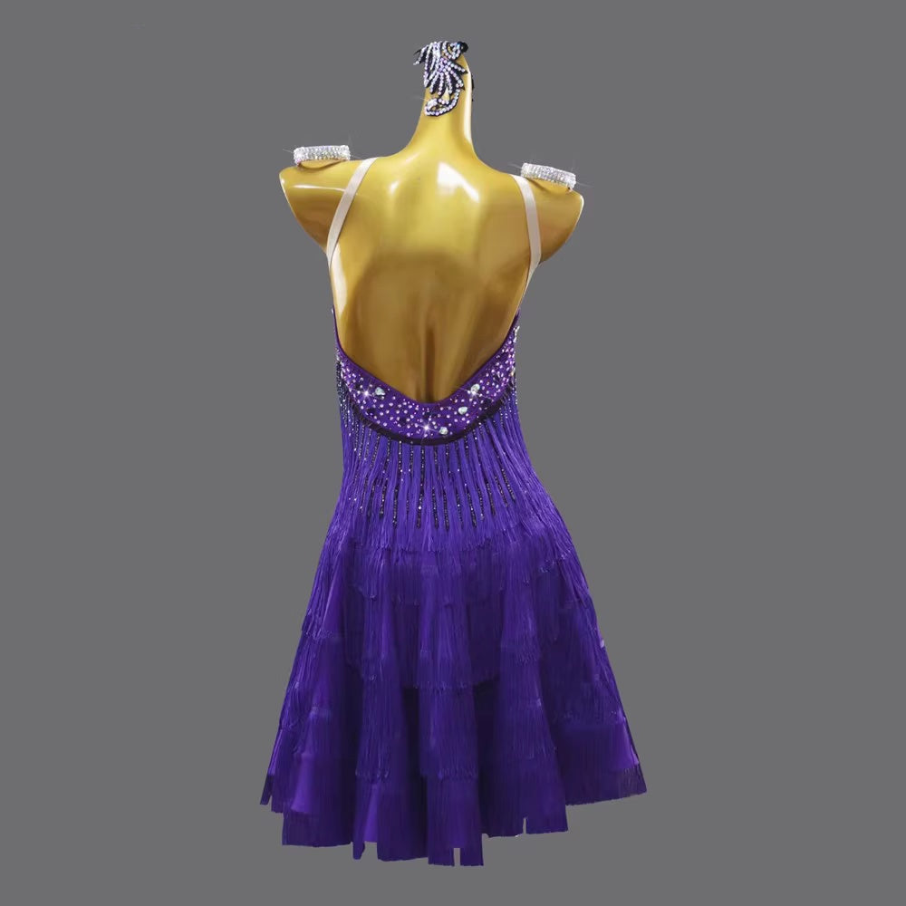 Purple Fringe Competition Latin Dance Dresses for Women Girls Halter Neck Salsa Latin Chacha Dance Costumes