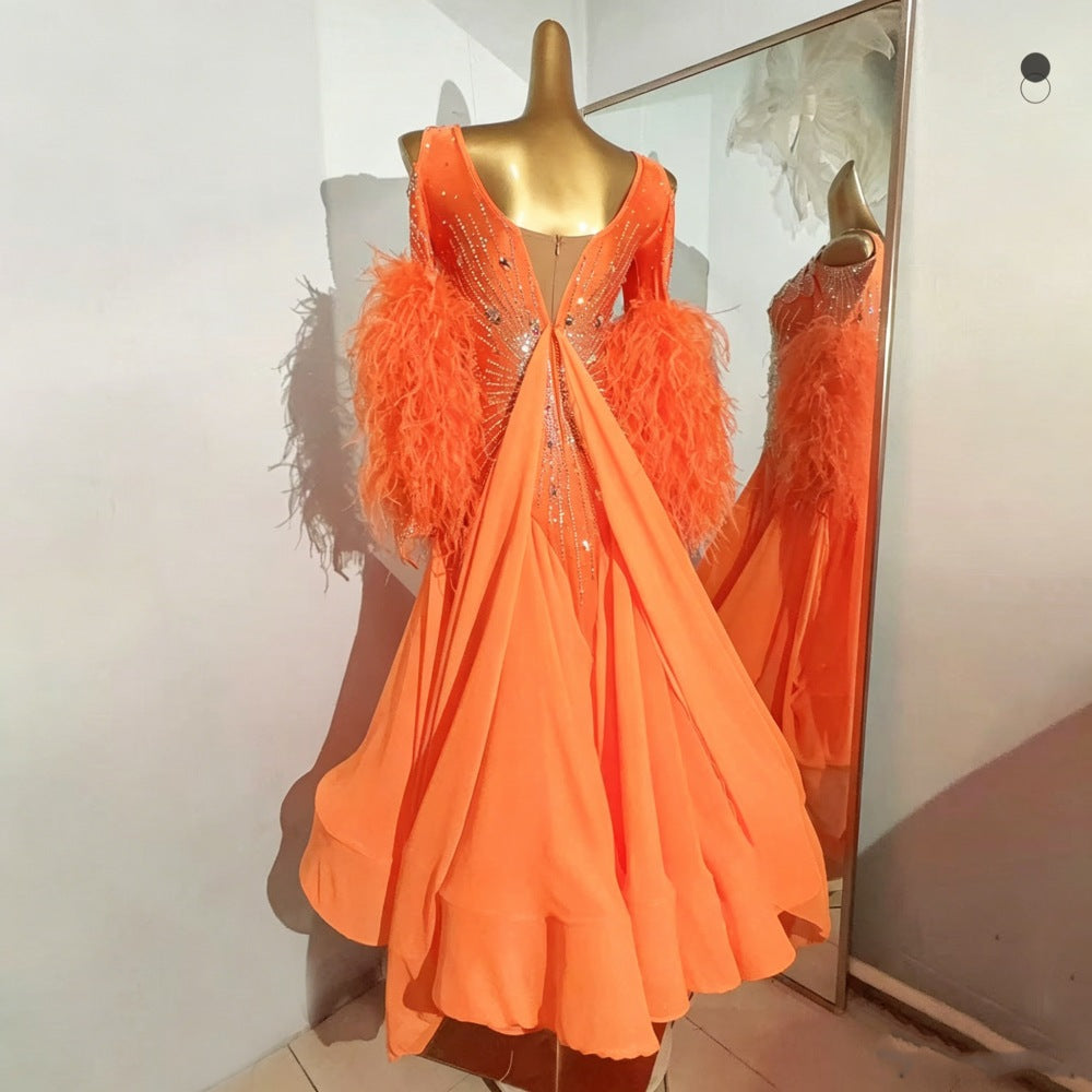 Custom Size Orange Feather Ballroom Dance Dress - Professional Waltz Competition Gown