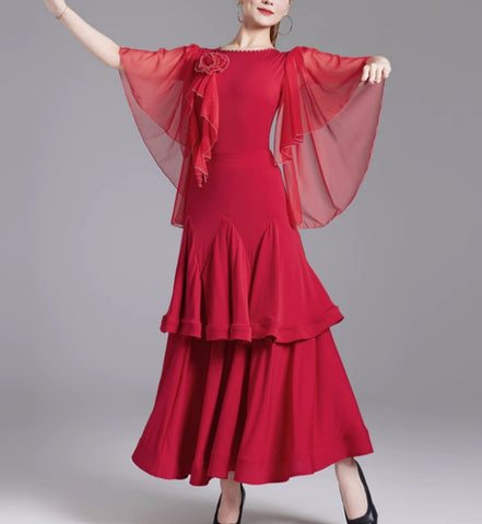 Red Purple Blue Ballroom Dance Dresses for Women Girls Waltz National Standard Social Dance Long Gown Flare Sleeves - Moderndancedress.com