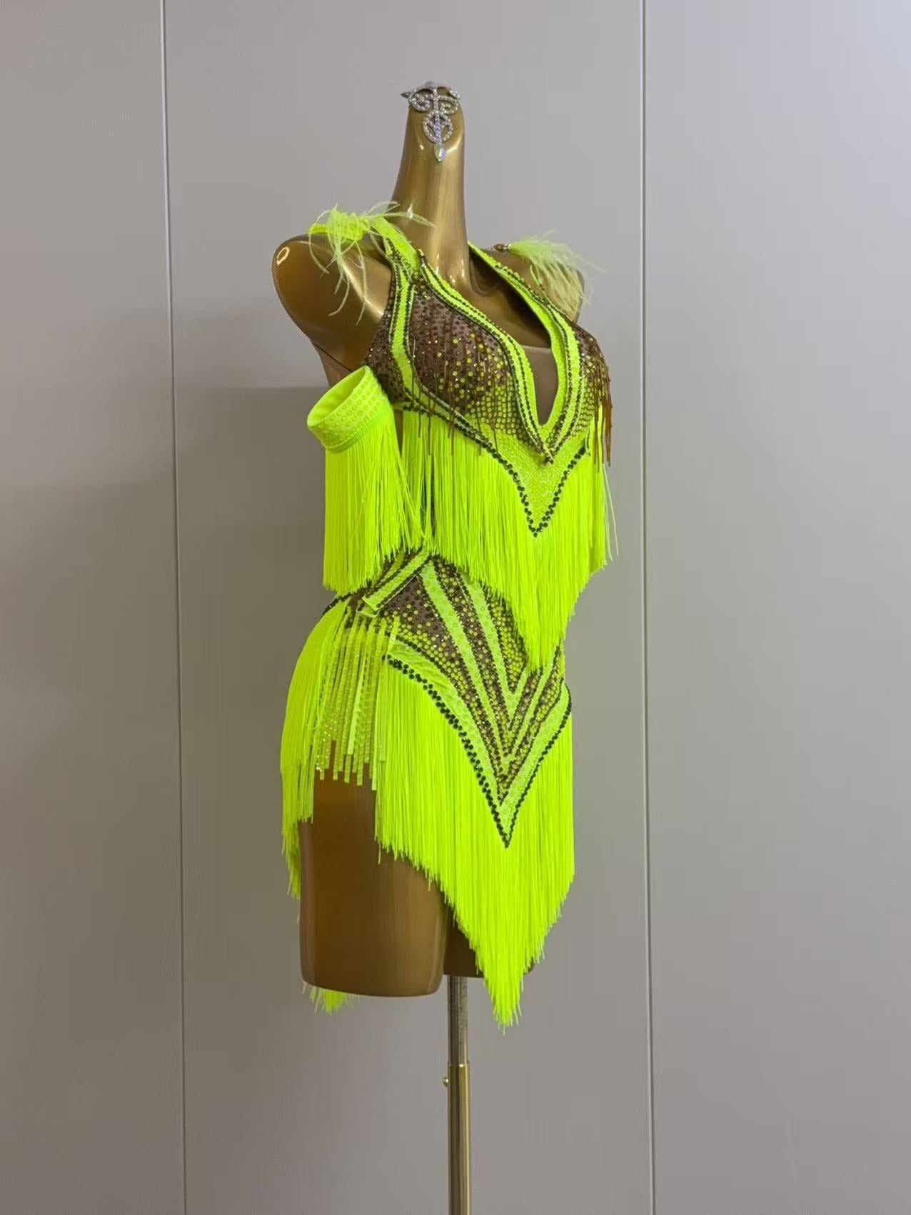 Custom Neon Yellow Latin Dance Dress with Gold Tassels & Crystals