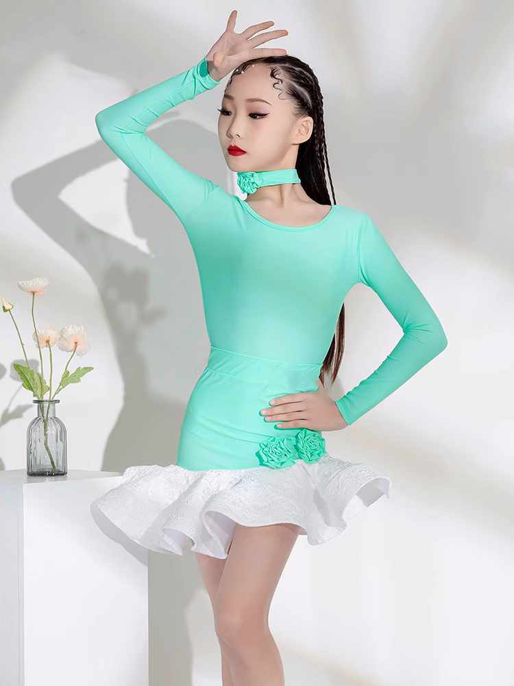 Mint Green White Latin Dance Dresses for Girls Kids Irregular Skirts Modern Salsa Latin Competition Performance Clothes - Moderndancedress.com