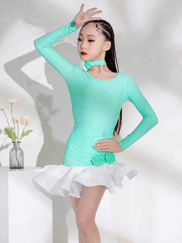 Mint Green White Latin Dance Dresses for Girls Kids Irregular Skirts Modern Salsa Latin Competition Performance Clothes - Moderndancedress.com