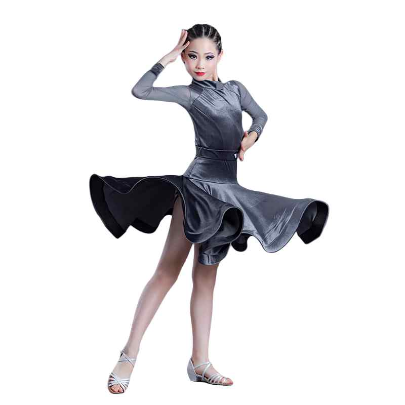 Grey Velvet Ballroom Latin Dance Dresses for Girlskids Competition Latin Salsa Rumba Chacha Performance Party Dancing Clothes - Moderndancedress.com