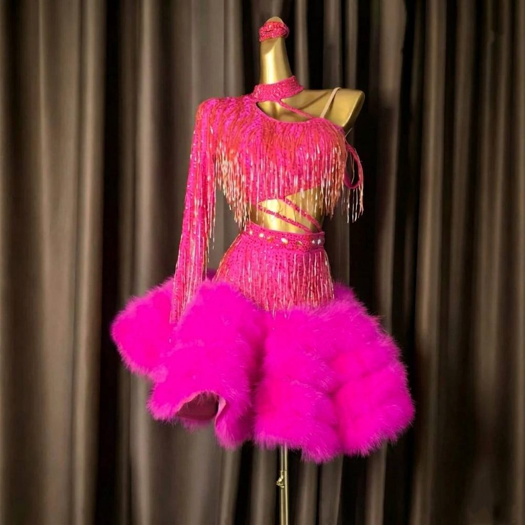 Custom Size Custom Pink & Orange Latin Dance Dress with Feathers Crystals Rhythm Dance Costume