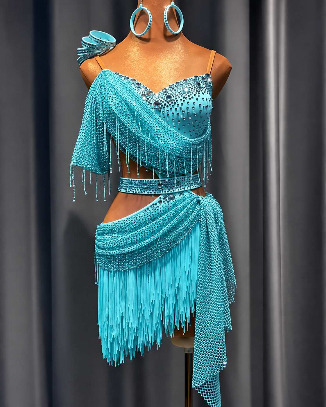 Custom Turquoise Latin Competition Dance Dress Fringe Salsa Gown
