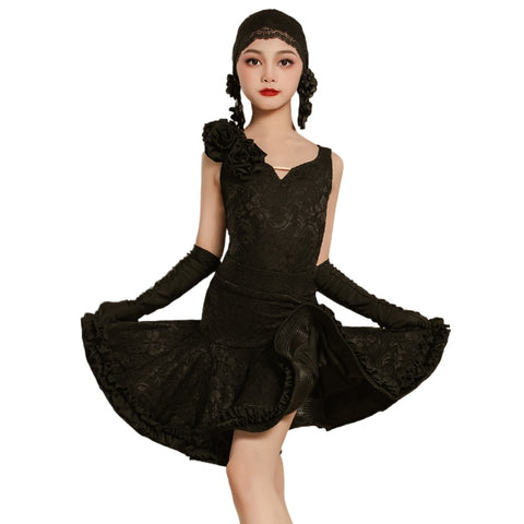 Turquoise Lace Girls Latin Dance Dresses Slant Neck Salsa Rumba Cha Cha Cha Salsa Performance Outfits for Kids with Gloves